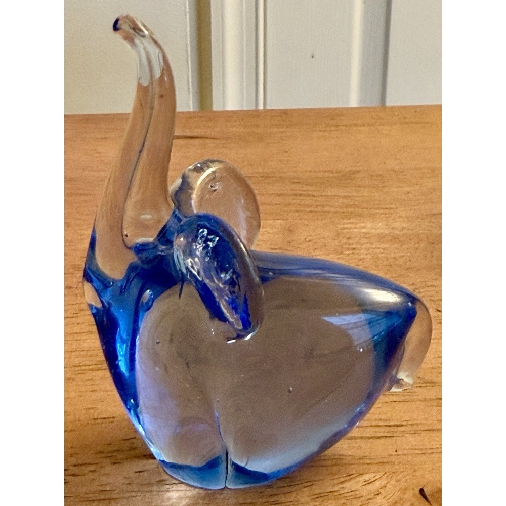 Elephant Art‎ Glass Figurine Paperweight Trunk Up Cobalt Blue Clear 3"